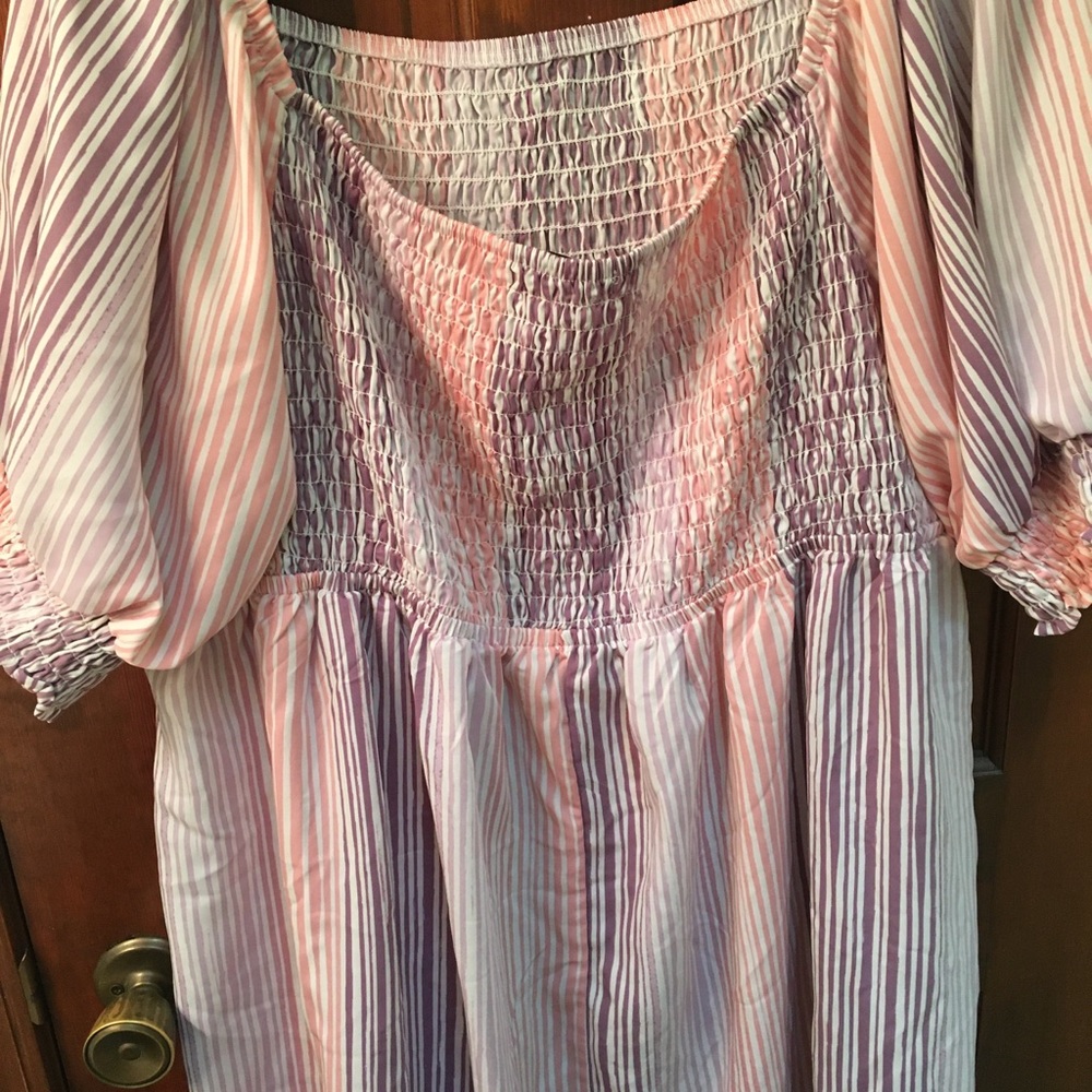 Off Shoulder Ophelia Roe Dress with smocked top, pastel stripes - Picture 3 of 4